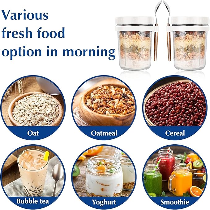 Overnight Oats Jars, Overnight Oats Container with Lid and Spoon, 350 ml Milk, Vegetable and fruit Salad Storage Container with Measurement Marks (multi-colour)