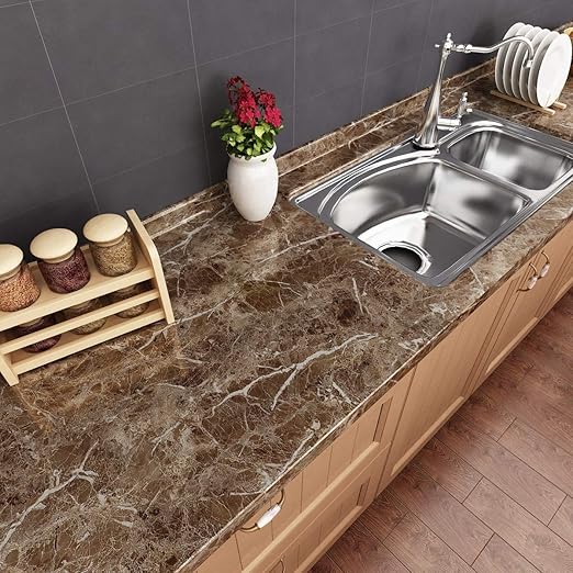 Dark Brown Marble Sticker Wallpaper Waterproof Oil Resistant for Kitchen