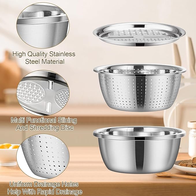 Multifunctional Stainless Steel Basin,Shredding Drainage Chopping,4 in 1 Colander Strainer Set,Cheese Graters Salad Spinner Maker Bowl Drain Basin Fruit Vegetable Rice Washing Basket