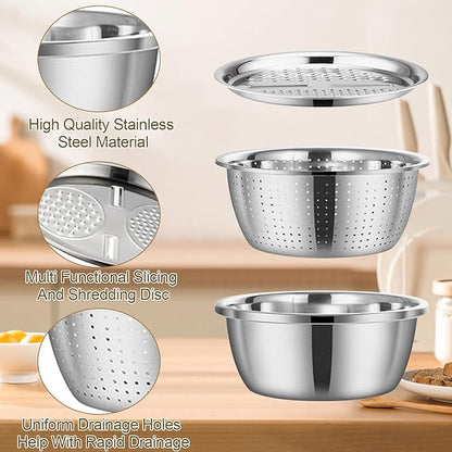 Multifunctional Stainless Steel Basin,Shredding Drainage Chopping,4 in 1 Colander Strainer Set,Cheese Graters Salad Spinner Maker Bowl Drain Basin Fruit Vegetable Rice Washing Basket