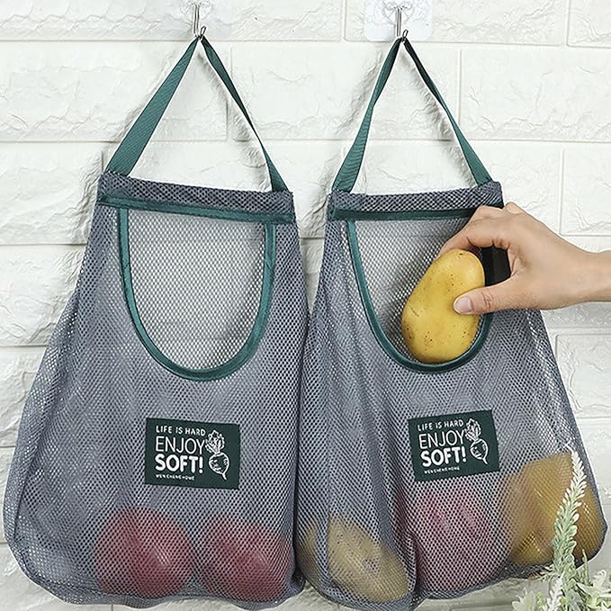 2pcs Reusable Hanging Mesh Produce Bags - Portable, Breathable Net Bags for Fruit, Vegetable, Garlic, Onion, Potatoes - Home, RV, Camper Storage