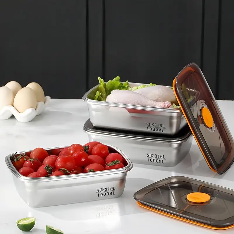1500 ML Fridge Storage Box Stainless Steel Tray Plate Container with Airtight Lids,Leakproof Kitchen Organizer,Freezer Safe
