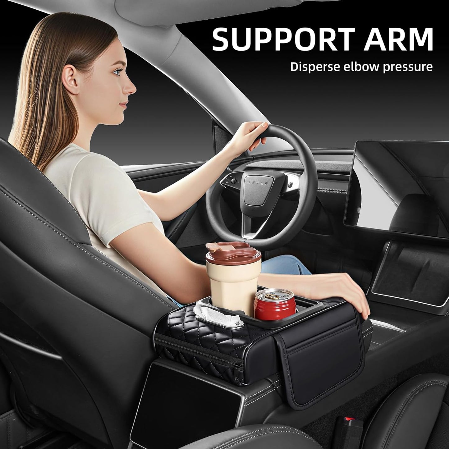 5 in 1 Car Center Console Cover, Armrest Pad with 2 Storage Pockets, Cup Holder, Tissue Box Slot, Phone Holder, Universal Car Interior Organizer