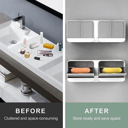 Dust-Proof Soap Holder for Shower Wall, Adhesive Wall-Mounted Bar Soap Dish, No-Drill Plastic Soap Saver with Drain, xicveiuz White-Grey