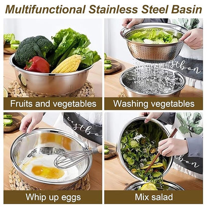 Multifunctional Stainless Steel Basin,Shredding Drainage Chopping,4 in 1 Colander Strainer Set,Cheese Graters Salad Spinner Maker Bowl Drain Basin Fruit Vegetable Rice Washing Basket
