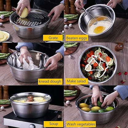 Multifunctional Stainless Steel Basin,Shredding Drainage Chopping,4 in 1 Colander Strainer Set,Cheese Graters Salad Spinner Maker Bowl Drain Basin Fruit Vegetable Rice Washing Basket