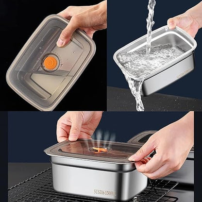 1500 ML Fridge Storage Box Stainless Steel Tray Plate Container with Airtight Lids,Leakproof Kitchen Organizer,Freezer Safe