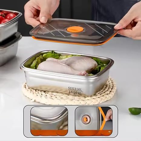 1500 ML Fridge Storage Box Stainless Steel Tray Plate Container with Airtight Lids,Leakproof Kitchen Organizer,Freezer Safe
