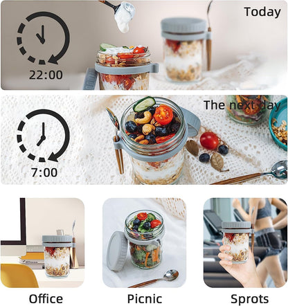 Overnight Oats Jars, Overnight Oats Container with Lid and Spoon, 350 ml Milk, Vegetable and fruit Salad Storage Container with Measurement Marks (multi-colour)