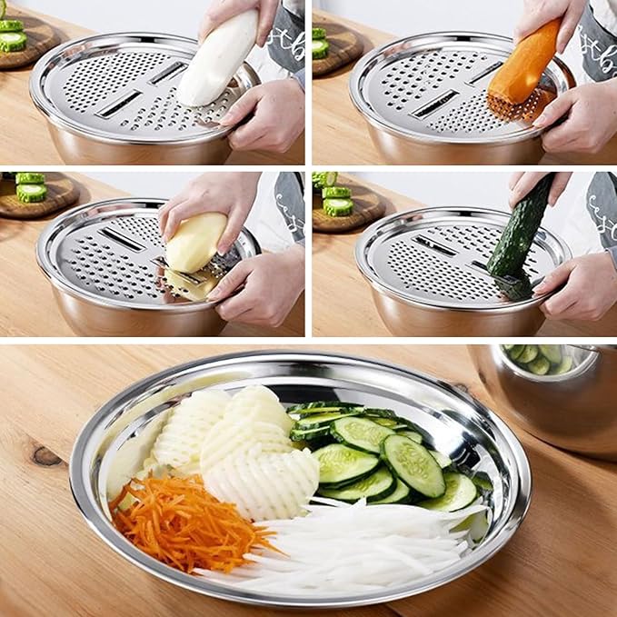 Multifunctional Stainless Steel Basin,Shredding Drainage Chopping,4 in 1 Colander Strainer Set,Cheese Graters Salad Spinner Maker Bowl Drain Basin Fruit Vegetable Rice Washing Basket
