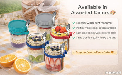 Overnight Oats Jars, Overnight Oats Container with Lid and Spoon, 350 ml Milk, Vegetable and fruit Salad Storage Container with Measurement Marks (multi-colour)