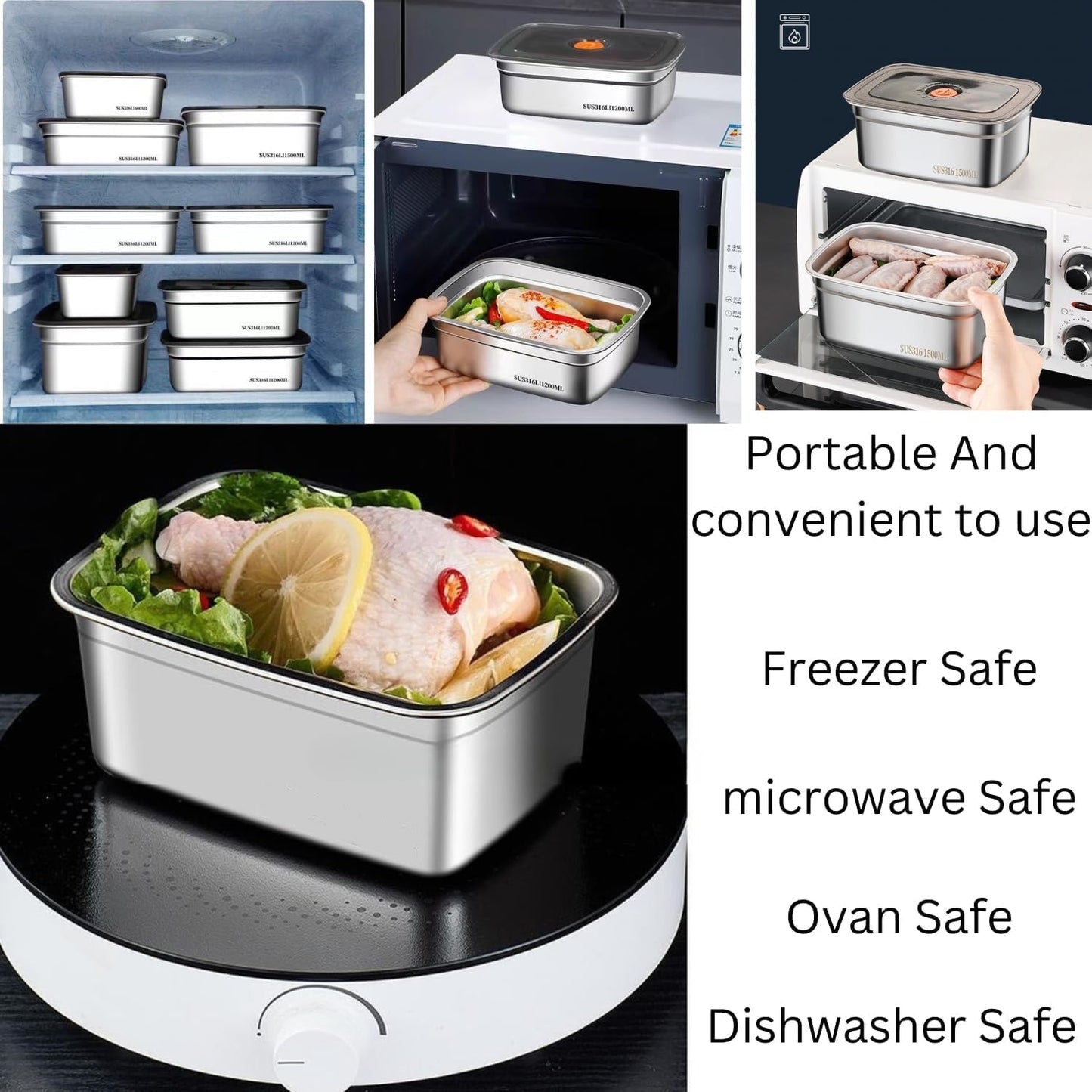 1500 ML Fridge Storage Box Stainless Steel Tray Plate Container with Airtight Lids,Leakproof Kitchen Organizer,Freezer Safe