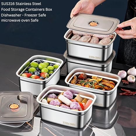 1500 ML Fridge Storage Box Stainless Steel Tray Plate Container with Airtight Lids,Leakproof Kitchen Organizer,Freezer Safe