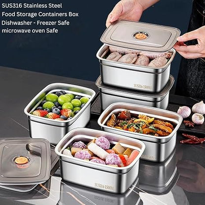 1500 ML Fridge Storage Box Stainless Steel Tray Plate Container with Airtight Lids,Leakproof Kitchen Organizer,Freezer Safe