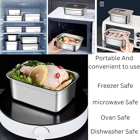 1000 ML Fridge Storage Box Stainless Steel Tray Plate Container with Airtight Lids,Leakproof Kitchen Organizer,Freezer Safe