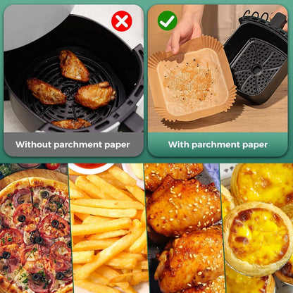 100 PCS Air Fryer Paper Dish Sheets, Disposable Paper Liner for Microwave, Oil-Proof Air Fryer Parchment Paper for Frying, Baking, Cooking, Roasting and Microwave (Square 8 INCH)