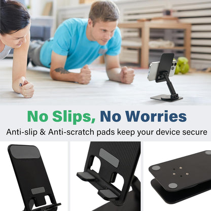 Rotatable Cell Phone Stand, Fully Adjustable Foldable Desktop Phone Holder, Height Adjustable Phone Stand with Charging Hole, Portable, Compatible with All Smart Phones, e-Reader, Black