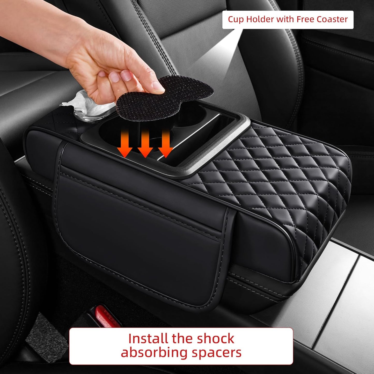 5 in 1 Car Center Console Cover, Armrest Pad with 2 Storage Pockets, Cup Holder, Tissue Box Slot, Phone Holder, Universal Car Interior Organizer