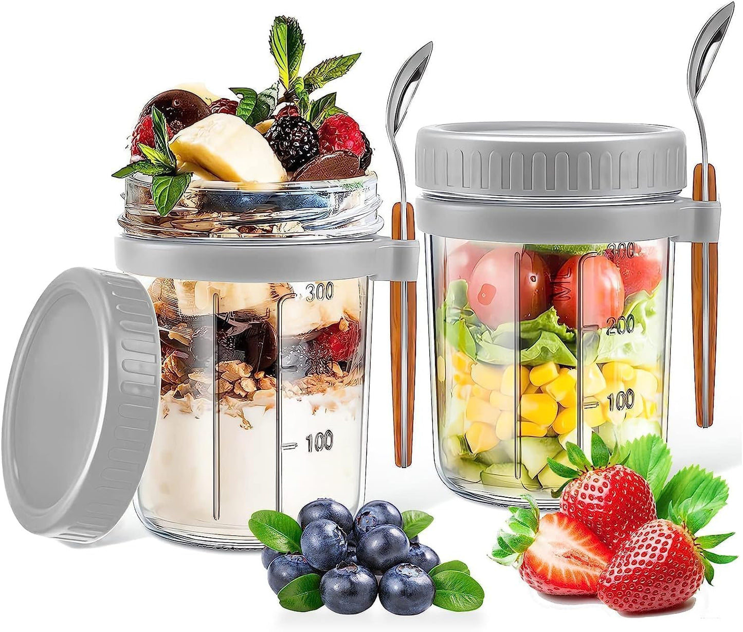 350 ml Overnight Oats Containers with Lids and Spoons, Glass Mason Jars for Overnight Oats Leak Proof Oatmeal Container Great for Cereal Fruit Vegetable Milk Salad Yogurt