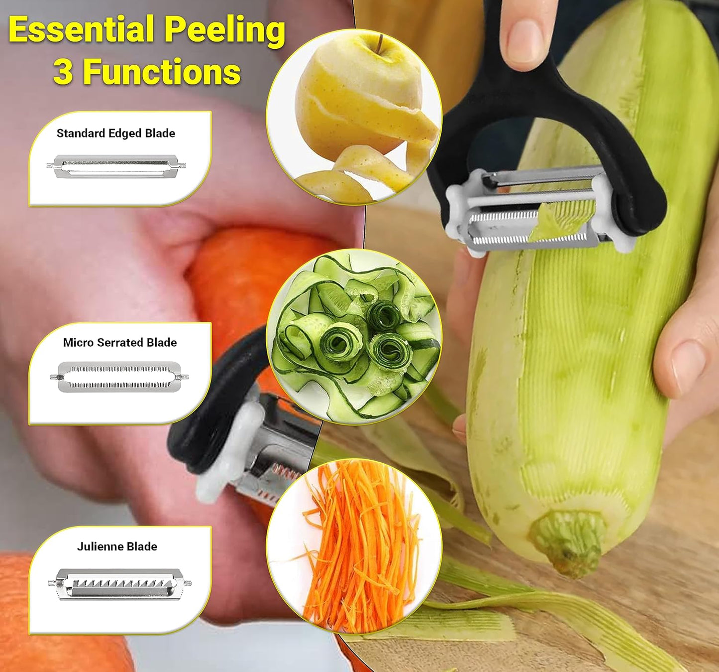 3 in 1 Rotary Multi-Functional Peeler,Suitable for Vegetable and Fruit,with Serrated Blade + Straight Julian Stainless Steel,Anti-Slip Handle Design,Slicer Kitchen Tools