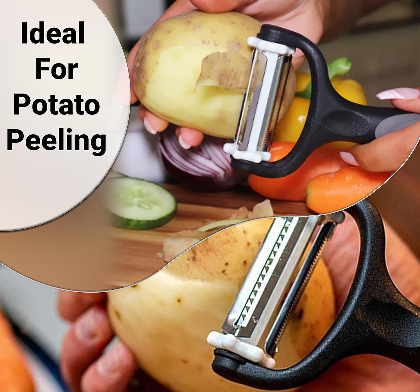 3 in 1 Rotary Multi-Functional Peeler,Suitable for Vegetable and Fruit,with Serrated Blade + Straight Julian Stainless Steel,Anti-Slip Handle Design,Slicer Kitchen Tools