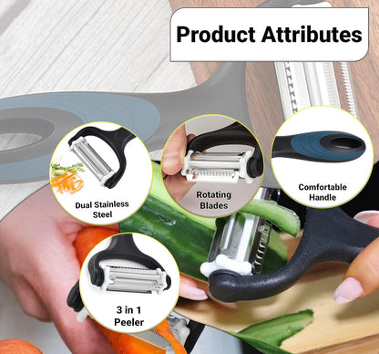 3 in 1 Rotary Multi-Functional Peeler,Suitable for Vegetable and Fruit,with Serrated Blade + Straight Julian Stainless Steel,Anti-Slip Handle Design,Slicer Kitchen Tools