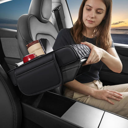 5 in 1 Car Center Console Cover, Armrest Pad with 2 Storage Pockets, Cup Holder, Tissue Box Slot, Phone Holder, Universal Car Interior Organizer