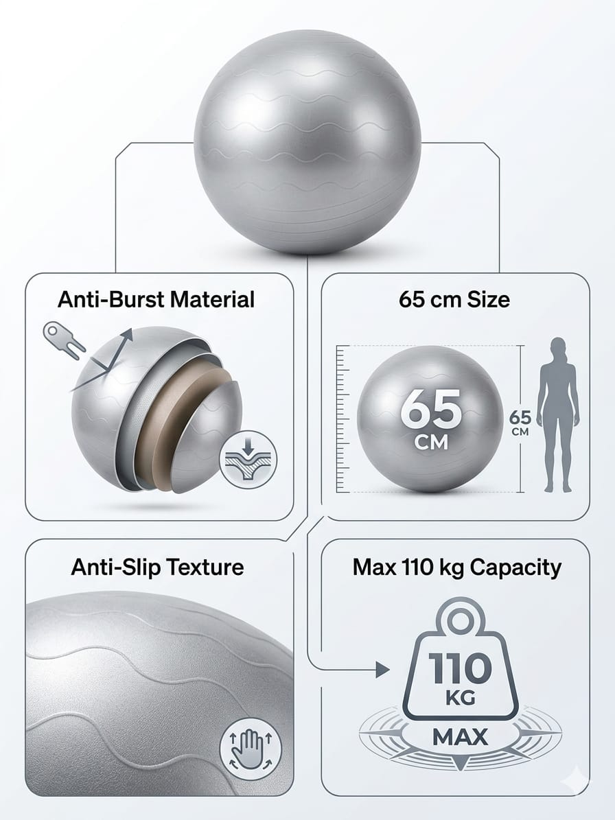 Gym Ball Anti-Burst Rubber with Free Foot Pump,Round Shape Swiss Ball, Exercise,Workout,Yoga,Pregnancy,Birthing,Balance-Stability Delivery Training,Fitness ( Grey-65 cm)
