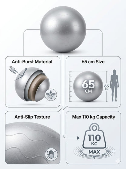 Gym Ball Anti-Burst Rubber with Free Foot Pump,Round Shape Swiss Ball, Exercise,Workout,Yoga,Pregnancy,Birthing,Balance-Stability Delivery Training,Fitness ( Grey-65 cm)
