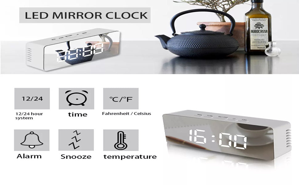 Digital LED Mirror Clock Stylish Desk Clock with Automatic Sensor, Alarm Clock for Study, Time & Date Display for Home, Office, Bedroom, Kitchen, and Study