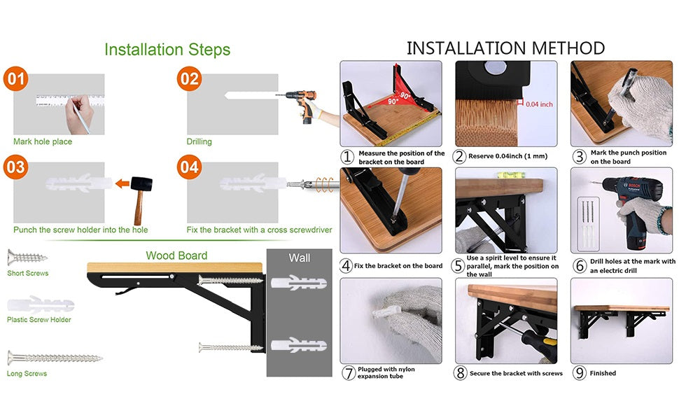 Folding Shelf Brackets, Heavy Duty Shelf Brackets Collapsible L Shelf Brackets, DIY Wall Mounted Folding Table Hinge, Space Saving for Bench Table with Screws