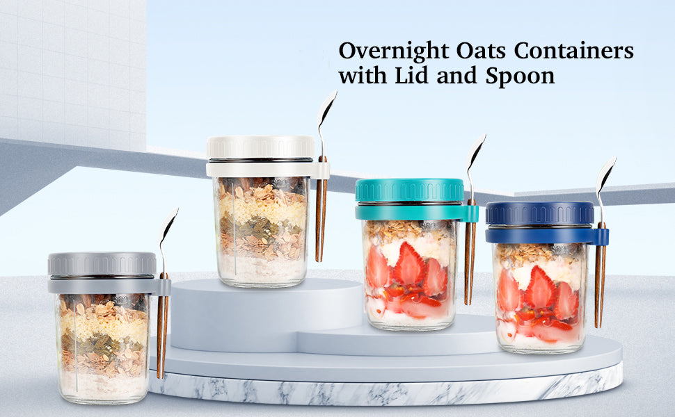 350 ml Overnight Oats Containers with Lids and Spoons, Glass Mason Jars for Overnight Oats Leak Proof Oatmeal Container Great for Cereal Fruit Vegetable Milk Salad Yogurt