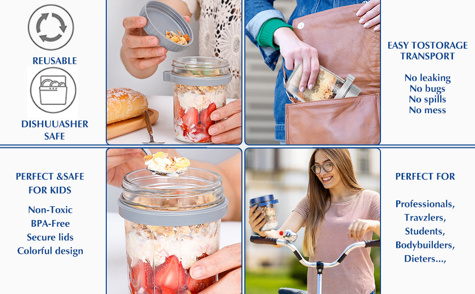 Overnight Oats Jars, Overnight Oats Container with Lid and Spoon, 350 ml Milk, Vegetable and fruit Salad Storage Container with Measurement Marks (multi-colour)