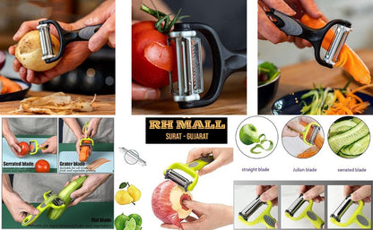 3 in 1 Rotary Multi-Functional Peeler,Suitable for Vegetable and Fruit,with Serrated Blade + Straight Julian Stainless Steel,Anti-Slip Handle Design,Slicer Kitchen Tools