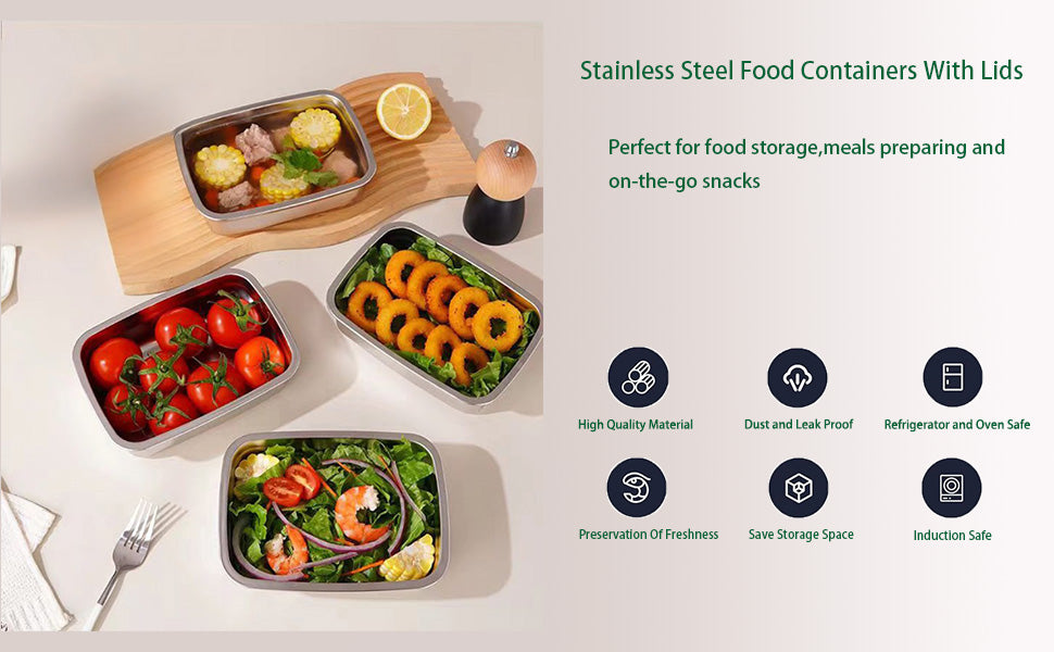 1000 ML Fridge Storage Box Stainless Steel Tray Plate Container with Airtight Lids,Leakproof Kitchen Organizer,Freezer Safe