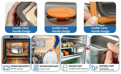 1500 ML Fridge Storage Box Stainless Steel Tray Plate Container with Airtight Lids,Leakproof Kitchen Organizer,Freezer Safe