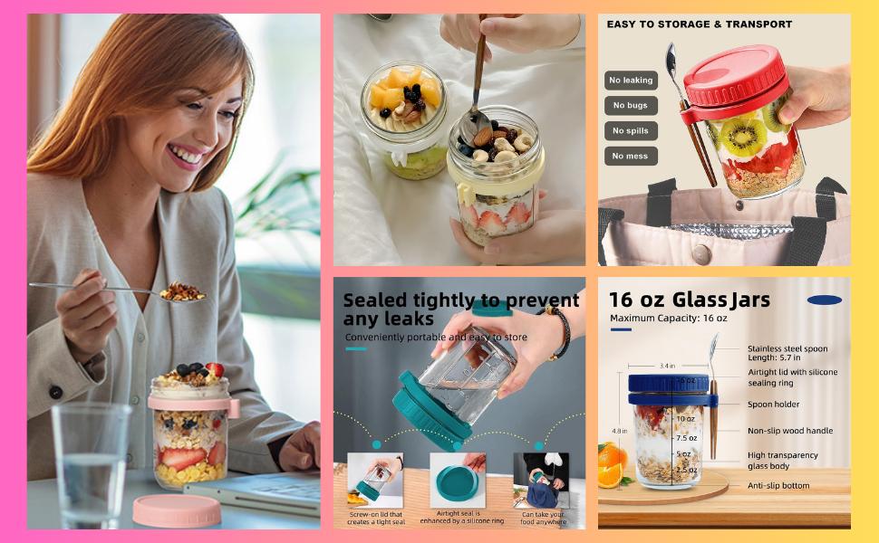 350 ml Overnight Oats Containers with Lids and Spoons, Glass Mason Jars for Overnight Oats Leak Proof Oatmeal Container Great for Cereal Fruit Vegetable Milk Salad Yogurt