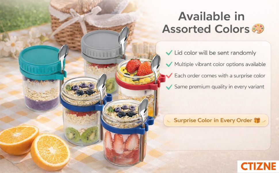 Overnight Oats Jars, Overnight Oats Container with Lid and Spoon, 350 ml Milk, Vegetable and fruit Salad Storage Container with Measurement Marks (multi-colour)