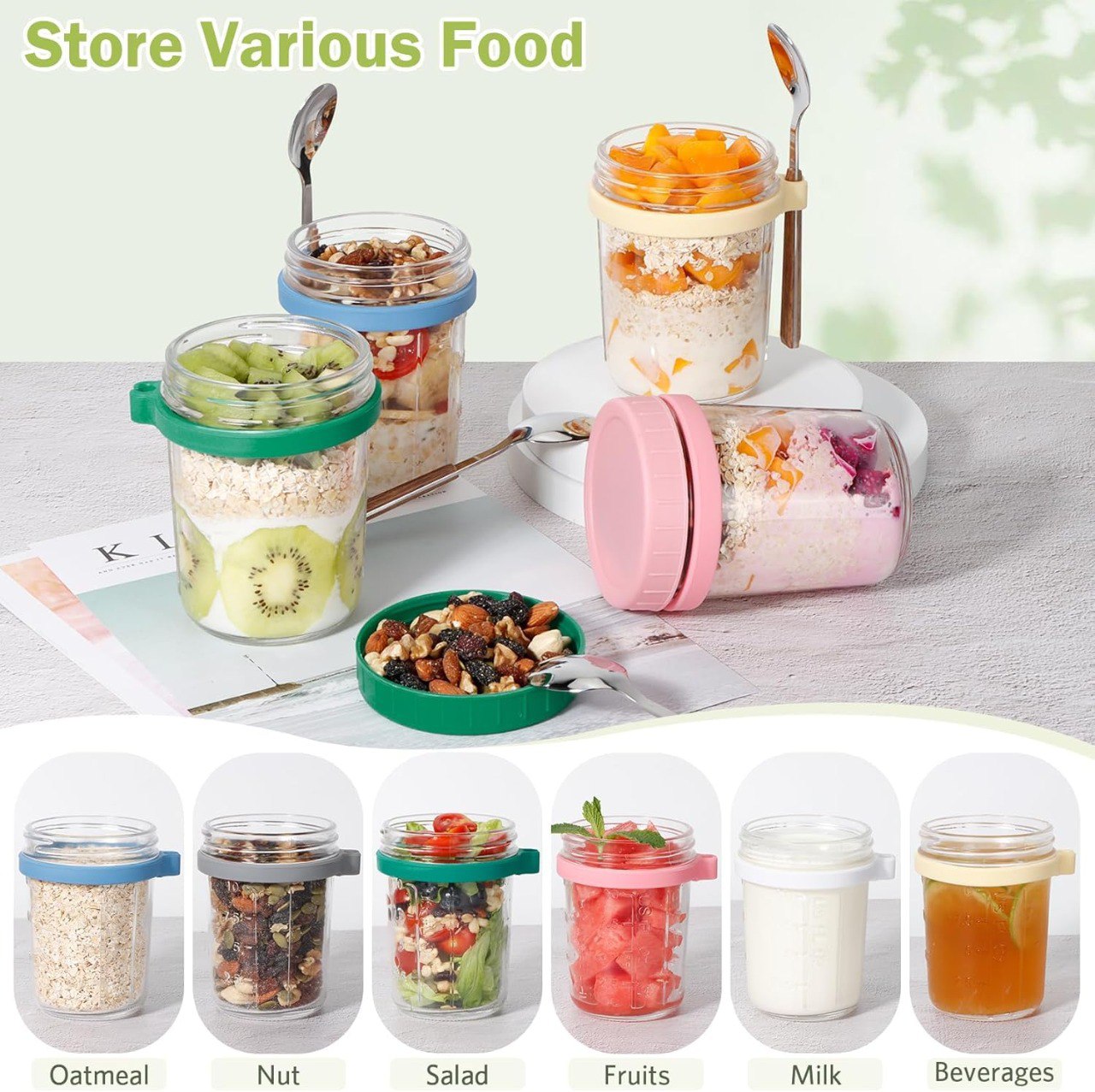 350 ml Overnight Oats Containers with Lids and Spoons, Glass Mason Jars for Overnight Oats Leak Proof Oatmeal Container Great for Cereal Fruit Vegetable Milk Salad Yogurt
